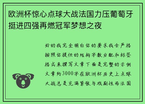 欧洲杯惊心点球大战法国力压葡萄牙挺进四强再燃冠军梦想之夜